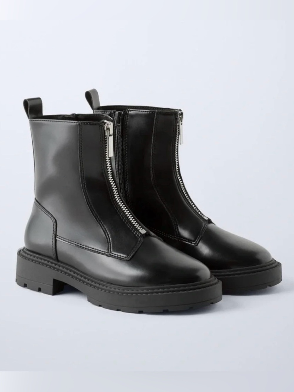 Zara Kids front zip black leather ankle boots